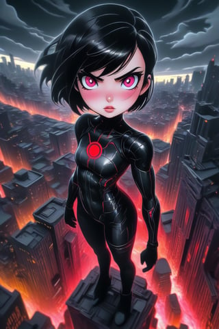 red cartoon character. Vampy is ((13 years old))) and is a vampire girl. She has ((((short black hair, (((bob haircut)))) and red eyes. (pink skin). She is gothic. modern dark costume. pants.
Ultra-high detail, All styles of Craola artists. Dan Mumford, Andy Kehoe and Luis Royo, with a double exposure effect on cracked paper texture and vibrant colors,Anime ,hentai