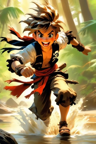 Anime artwork.  12 year old boy. pirate , very windy, 3D, depth of field, motion blur, dirt road racing in a forest crossing a stream, dusty, reflections, water splashes, smile with open mouth, contact viewer visual,
. art by J.C. Leyendecker, anime style, key visual, vibrant, studio anime,  highly detailed,LaxpeintXL