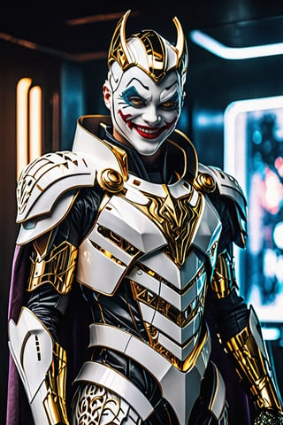 surreal photography of A Hi-Tech Cyberpunk joker wearing futuristic white armor, evil smile, cape, ultra high resolution, 8k photography, extremely detailed, intricate armor, golden filigree, futuristic design, shining body, fullbody_view, perfect custom Hi-Tech suit, intricate armor, detailed texture, soft lighting, Movie Still