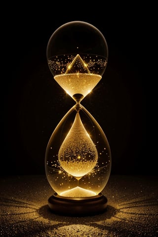 A colossal hourglass of golden sand suspended in mid-air against a starry black background, its delicate curves and swirling grains illuminated by soft, ethereal light. The giant timekeeper's massive glass body glows with a subtle luminescence, as if the sands themselves are infused with an otherworldly energy.