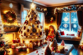 A gingerbread house with a gingerbread man with large snowflakes falling in the background. #Christmas,Christmas Room