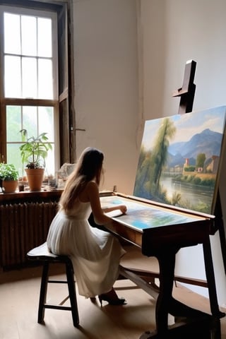 An artist studio with many masterpiece paintings,best quality,masterpiece,a girl  take a look in the room