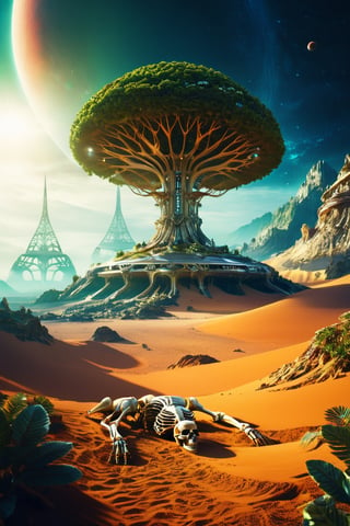 Diamond tree on alien planet, skeleton of gigantic creature lying on the ground
