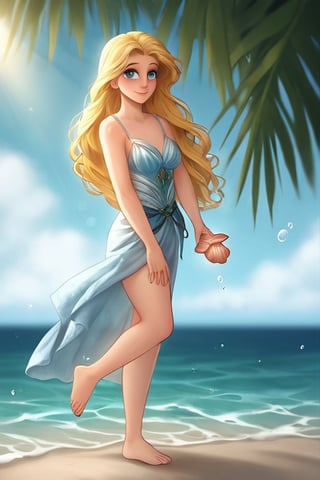Cinderella, with long golden hair blowing gently in the sea breeze, stands solo at the water's edge, the warm afternoon sun casting a soft glow on her radiant skin. Her bright blue eyes sparkle as she gazes out at the calm ocean waves, a relaxed smile playing on her lips. A few strands of seaweed are tangled in her hair, and a single seashell lies abandoned at her feet.