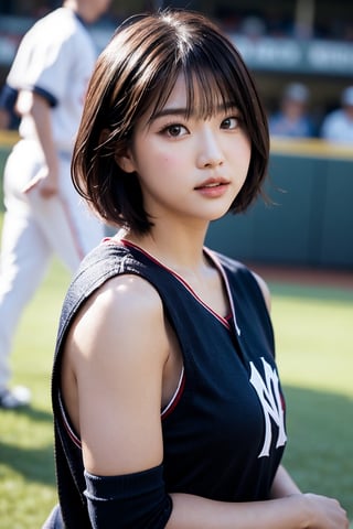 asian female, pure face, pretty face, slender, pixie cut, bangs,outdoor, nsfw,blurry_light_background,short hair,

baseball player, new york yankees home uniform