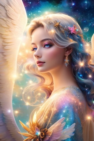 a photorealistic photo of a graceful female angel clothed in glittering, perfect wings, symmetrical wings, colorful fine linen, surrounded by radiant flowers and bright clouds, smoke, misty, shimmering auras, morning lighting, close-up, almost white blonde hair, glowing skin, soft, graceful opalescent glowing wings, calm galaxy pupils eyes, in the distant sky can stars that shine brightly, 8k uhd, dslr, soft lighting, high quality, film grain, Fujifilm XT3 , style-rustmagicDeepJourney, deepjourney