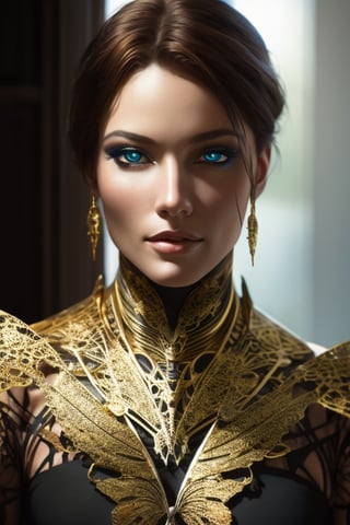 8k portrait of beautiful cyborg with brown hair, intricate, elegant, highly detailed, majestic, digital photography, art by artgerm and ruan jia and greg rutkowski surreal painting gold butterfly filigree, broken glass, (masterpiece, sidelighting, finely detailed beautiful eyes: 1.2), hdr, (detailed background window to a new dimension, plants and flowers:0.7) infinity, infinite symbol, DeepJourney 