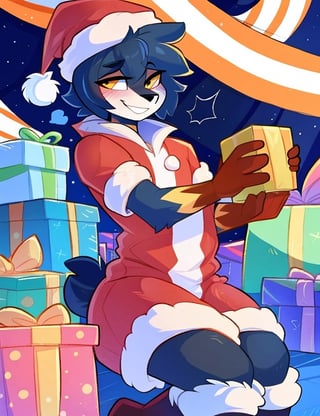 By Kilinah, (stary:1.1), Hioshiru, Furry, Michhiru Kagemori, Anthro, Solo, Full Body, Christmas party, boy, wholesome, handing out gifts