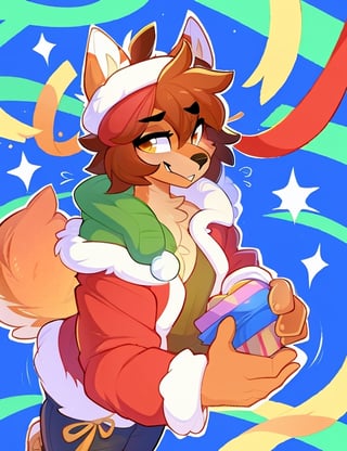 By Kilinah, (Coffeesoda:1.1), Hioshiru, Furry, Michhiru Kagemori, Anthro, Solo, Full Body, Christmas party, boy, wholesome, handing out gifts