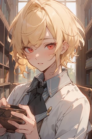 school clothing, library, midjourney, beautiful, masterpiece, best quality, extremely detailed face, perfect lighting, best quality, ultra detailed, highly detailed, perfect face, 1 boy, short hair, bowl-cut style, side swept bangs, school boy, button up shirt, blonde, red_eyes, Twink