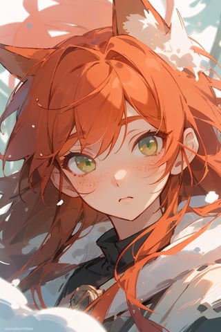 midjourney, beautiful, masterpiece, best quality, extremely detailed face, perfect lighting, best quality, ultra detailed, highly detailed, perfect face, 1 girl, orange hair, ginger, red head, short, cute girl in winter, (long smooth straight hair), falling_snow, snowy forest, close up, freckles, green eyes, fox ears