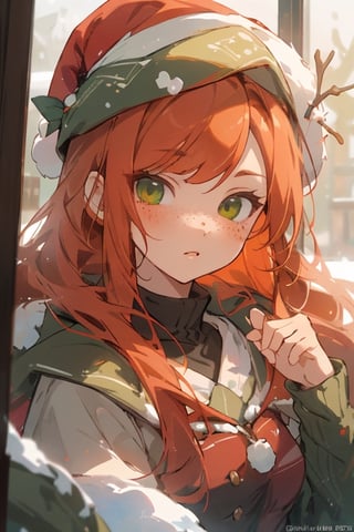 midjourney, beautiful, masterpiece, best quality, extremely detailed face, perfect lighting, best quality, ultra detailed, highly detailed, perfect face, 1 girl, orange hair, ginger, red head, short, cute girl in winter, (long smooth straight hair), staring out window into the snow, close up, freckles, green eyes, Christmas hat