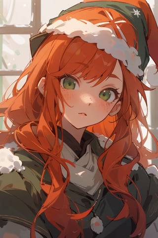 midjourney, beautiful, masterpiece, best quality, extremely detailed face, perfect lighting, best quality, ultra detailed, highly detailed, perfect face, 1 girl, orange hair, ginger, red head, short, cute girl in winter, (long smooth straight hair), staring out window into the snow, close up, freckles, green eyes, Christmas hat