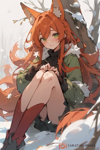 midjourney, beautiful, masterpiece, best quality, extremely detailed face, perfect lighting, best quality, ultra detailed, highly detailed, perfect face, 1 girl, orange hair, ginger, red head, short, cute girl in winter, (long smooth straight hair), falling_snow, snowy forest, freckles, green eyes, fox ears, sitting in tree, detailed fingers, well drawn fingers, green jacket,fox tail