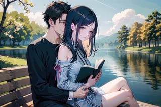 A 1 girl reads a book by the lake hugging by a man(male) from backside, Bright colors, Spring, willow branches, comfort, Warm sunlight,perfect,hand,READ THE DESCRIPTION,REVERSE UPRIGHT STRADDLE,Nature,Korean
