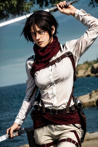 masterpiece, best quality, highres, hmmikasa, short hair, black eyes, scarf, emblem,((wearing naked shirt)), belt, thigh strap, red scarf, white pants, brown jacket, long sleeves, , holding weapon, sword, dual wielding, three-dimensional maneuver gear, mountains_background , inside_jungle , 32k , 8k , high_resolution,hmmikasa