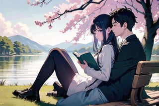 A 1 girl reads a book by the lake hugging by a man(male) from backside, Bright colors, Spring, willow branches, comfort, Warm sunlight,perfect,hand,READ THE DESCRIPTION,REVERSE UPRIGHT STRADDLE,Nature,Korean