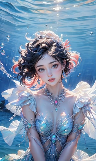 (16K, Raw Photo, Best Quality, Masterpiece: 1.2), Sexy and cute 18 year old mermaid, Slender beauty, ((Upper body))), (Swimming freely in the water), Beautiful coral reef and school of colorful fish, Smiling face, Sparkling hair, Delicate facial features, Simple and small earrings, Necklace, Fringe rain, (Beautiful big eyes), Well-proportioned face, Well-proportioned eyes, Sparkling highlights in eyes, Glossy lips, White skin, Realistic hands, Photorealistic, Ultra-detailed, Finely detailed, High resolution, Perfect dynamic composition, Digital art, Digital illustration, 350mm telephoto, Shallow depth of field, Out of focus background, Realistic rendering, Unreal Engine, Fine details, (Noise reduction), (Physiologically correct body), (Correct 5 fingers), (Correct 2 hands), Dream girl, Mermaid