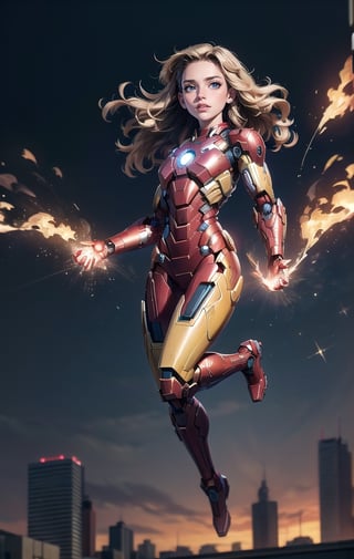 1girl, (masterpiece, top quality, 8K), detailed skin texture, detailed cloth texture, beautiful detailed face, intricate details, ultra Details, ironman uniform, shine body,swaying middle hair, (full body: 1.1), (shy smile),jet flame bursting out from  both hands, jumping up,shining lighting, destroyed city background, evil robot standing,Detailedface,glitter,AGGA_ST002
