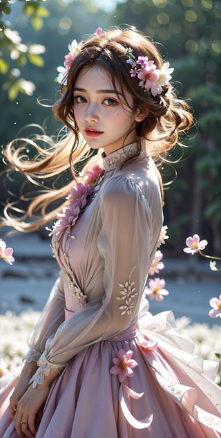 (masterpiece, real, 16K), one girl decorated with beautiful flowers, smiling face, floral ornament, (high neck sleeveless floral dress hiding her chest), (full body shot), natural makeup, long chestnut hair, long sleeves, transparency, three-dimensional effect, plants, pink and purple flowers, glitter, (shy smile), bright sunlight and shadow, ultra-realistic photography, pastel background and pastel blur, multiple exposure, exquisite details and textures, sparkling photography, natural proportions in sienna, (wind:0.5), dynamic pose, vibrant light and shadow grain, color 66mm film analog photography, 350mm lens, shallow depth of field, chrome film, Lomography, slightly dreamy hazy film grain effect, flower art