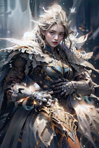 (masterpiece, authentic, 16K), girl in shining armor, slender body, (full body image), (looking at the camera with a sword), striking white skin, no cheeks, chestnut hair, thin eyebrows, (a white wolf with red eyes is next to her), transparency, three-dimensionality, background of a destroyed futuristic city at night, ultra-realistic photo, blur, multiple exposure, exquisite details and texture, dark and scary photo, Delacroix's depiction, (wind: 0.5), vivid light and shadow grain, color 66mm film, 350mm lens, shallow depth of field, chrome film, Lomography, blurry film grain, a scene from a movie, fractal art, two limbs, five fingers