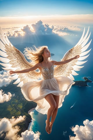 Super Detail, 8K, Art Station Trend, Sharp Focus, Shallow Depth of Field Shot, Intricate Details, Soft Light, (Pull Composition), Beautiful 15 Year Old Girl, Light Smile, ((Foot to Toe) )), (((She is flying freely in the high sky with the large white wings on her back))), Beautiful symmetrical wings, she is in the sky at the same height as the clouds, she flies with the energy of her wings, Flying, dynamically floating in the air, beautiful blonde long hair, long dress and hair swaying in the wind, correct number of fingers, perfect proportions, short torso, small breasts and buttocks, sandals wrapped around the calves, soft lighting , (Fractal Art), Majestic and mysterious clouds, Caribbean islands can be seen from above the sky, everything about her is in the frame