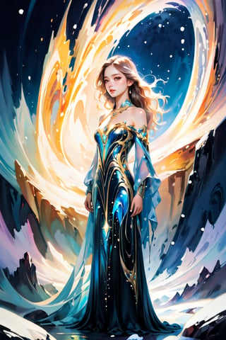  Create artwork of a beautiful 16 year old half Ukrainian and half Japanese girl, large eyes, young face, ((full body shot)) hair with golden ornaments, long flowing hair intertwined with blue ice, figure dressed in harmony with the icy world. High-resolution photorealistic rendering of a long dress. The mountains have snow and aurora borealis night, icy effects, fluid and organic shapes, inspired by metal, marble, iridescent glass, precious diamonds, black and white details, gold, chaotic Swarovski, Zaha Hadid style. The design is inspired by the main stage of Tomorrowland 2022 and features very realistic art deco detailing and iridescence of high image complexity.,painted world,cinematic style