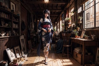 a woman with long hair and a kimono is standing in a room, beautiful anime portrait, beautiful anime girl, beautiful anime woman, detailed digital anime art, ross tran style, digital anime art, artwork in the style of guweiz, attractive anime girl, digital anime illustration, beautiful alluring anime woman, detailed portrait of anime girl, portrait anime girl, seductive anime girl,Full body