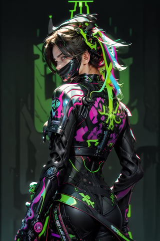 midshot, cel-shading style, centered image, ultra detailed illustration of the comic character ((female Spawn Samurai lady, by Todd McFarlane)), posing, long black long hair, silver and black suit with a skull emblem, long flowing cape, holding samurai sword, ((view from Behind she’s looking over her shoulder)), ((Full Body)), (tetradic colors), inkpunk, ink lines, strong outlines, art by MSchiffer, bold traces, unframed, high contrast, cel-shaded, vector, 4k resolution, best quality, (chromatic aberration:1.8)