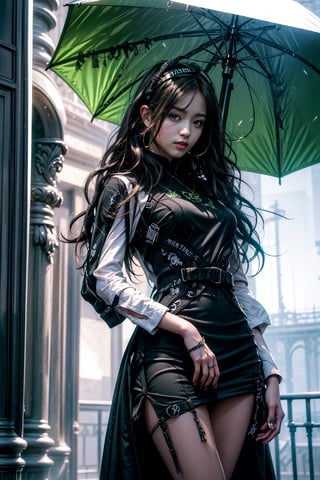 Masterpiece, Best quality, Photorealistic, Ultra-detailed, finedetail, high resolution, 8K wallpaper, anime girl in a black dress with a green umbrella, artwork in the style of guweiz, made with anime painter studio, fine details. girls frontline, painted in anime painter studio, demon slayer rui fanart, anime visual of a cute girl, anime girl wearing a black dress, by Jin Homura, anime visual of a young woman, girls frontline cg