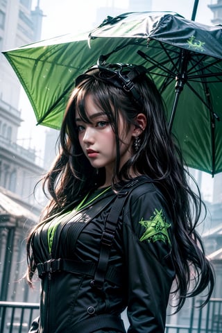 Masterpiece, Best quality, Photorealistic, Ultra-detailed, finedetail, high resolution, 8K wallpaper, anime girl in a black dress with a green umbrella, artwork in the style of guweiz, made with anime painter studio, fine details. girls frontline, painted in anime painter studio, demon slayer rui fanart, anime visual of a cute girl, anime girl wearing a black dress, by Jin Homura, anime visual of a young woman, girls frontline cg