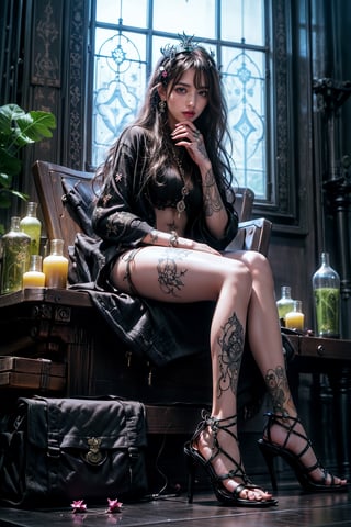 masterpiece,best quality,High detailed,picture-perfect face, freckles,blush,broad lips,thic lips,meditating,lotus position,magical glow,mystic girl,lotus godess, nirvana,bare belly,multicolred nails,((high heels,covered toes)),silk sleeves,((her body is covered in esoteric tattoos)),(glowing tattoo),chakras are glowing,colorful,ritualistic,intricate,delicate ornate,(perfect female body),cut bangs,goddess,charming,(iridescent eyes), seductive dress,alluring,seductive,enchanting,makeup,mascara,eyeliner,pink lips, fantasy,mysterious,esoteric,mandala,kabala,magical,glowing,pink and soft,flowery,calm,spiritual,shamanistic,glowing pentagram,lit candles, Color magic,1girl