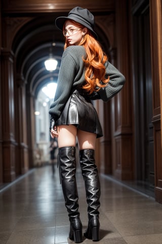 1girl, solo, long hair, looking at viewer, skirt, gloves, hat, jewelry, earrings, boots, glasses, looking back, from behind, orange hair, wavy hair, knee boots, clock