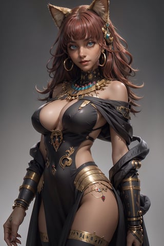 masterpiece, ultra hd, 8k,hdr, dynamic , yellow eyes , hyper realistic, detailed background, finely detailed_body, big_boobs , fullbody,1girl, very long Red hairstyle, (Red hair color:1.2), (bright eyes:1.1), | egyptian, egyptian clothes , egypt godess ,egypt , hecate , Cat_ears , seethru , Animal ear,perfecteyes , ,Detailedface,Detailedeyes,mechanical_arms,cybernetic_enhancements, makeup,nadja