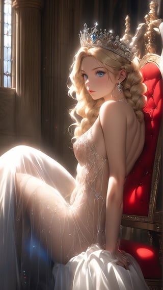 ((ultrarealistic dslr nude portrait)), (naked) beautiful woman dressed as gothic queen sitting leaning back in red royal throne wearing (white transparent lingerie) and shiny diamond tiara in castle hall. 22 years old woman, perfect_figure, slim_waist, wide hips, leaning back in throne, legs_spread, spread_legs, (laced transparent lingerie), (seethrough clothes), (errect_nipples) through clothes, diamond tiara, jewelry, perfect_face, symmetrical_face, blonde hair, braided hair, deep blue eyes, hyperrealistic, hyperdetailed, dramatic light, best quality, 8k, nude photography, boudoir photography, side_view, from_below, low_angle,