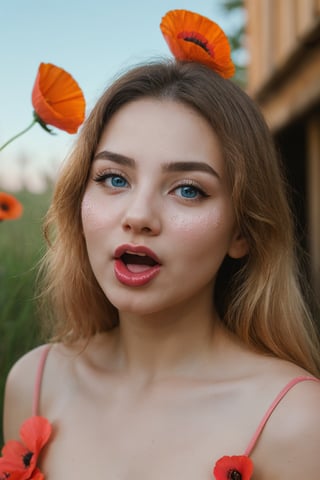 1girl, solo, elegant hair, (looking at the viewer: 1.1), tight small bikini, wild poppies swaying in the breeze, filmg , sweet_lolita, Best quality, masterpiece, blond hair, blue eyes. Open your mouth,,Exquisite mouth,((Ejaculation in the mouth)),Delicate s,mouth,Very detailed face,blush,Shiny wet skin,Normal tongue,Do not stick out your tongue,Pink lips,Delicate lips, ((all over the face, mouth and cheeks))