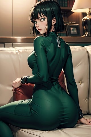 Fubuki from One Punch Man in a tight high neck green dress sitting on a couch showing her ass