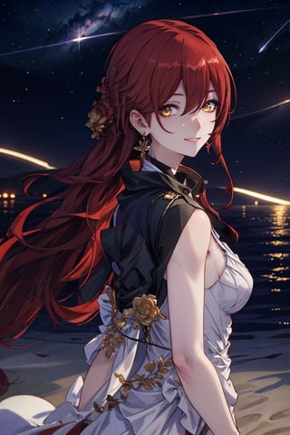 masterpiece, best quality, highres, 1girl, official, head, yellow eyes, red hair, long hair, white dress, black jacket, golden rose on neck, single earring, from back, looking at viewer, turn head, smile, :), night, stars, milky way, beach, sea, city in background, dynamic pose, face lighting, dynamic light