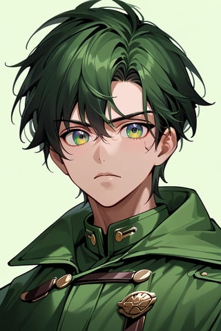 1boy, single, sole_male, black_hair, short hair, black_eyes, green clothes, black trenchcoat, prosthetic_eye, upper_body, fierce, detailed, detailed_face, detailed_eyes, high resolution, bold, korean Manhwa art style, Detailedface,jaeggernawt,manhwa