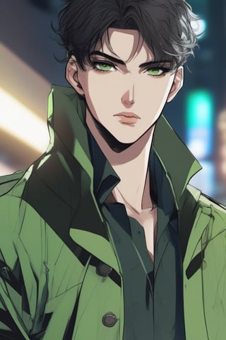 1boy, single, sole_male, post-cyberpunk, black_hair, short hair, green_eyes, green clothes, black trenchcoat, prosthetic_eye, upper_body, fierce, detailed, detailed_face, detailed_eyes, high resolution, bold, korean Manhwa art style, Detailedface