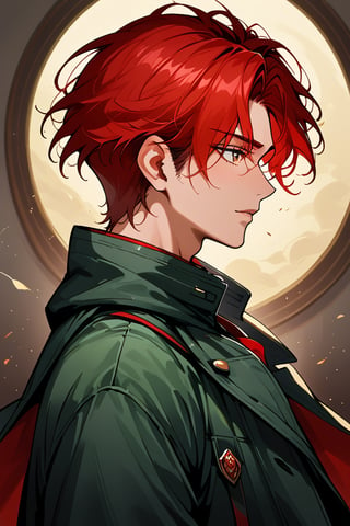 Couple,  1boy,black_hair, short hair, black_eyes, modern green clothes, black trenchcoat, 1girl (long red hair girl), sexy pose, upper_body, fierce, detailed, detailed_face, detailed_eyes, high resolution, bold, Detailedface,jaeggernawt,manhwa,korean Manhwa art style,Indoor