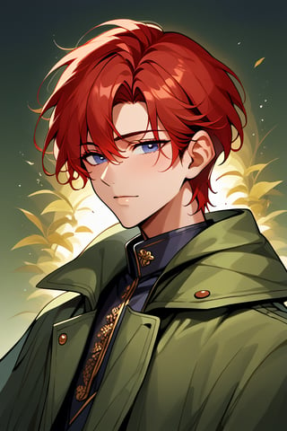 1boy,black_hair, short hair, black_eyes, green clothes, black trenchcoat, 1girl (long red hair girl), sexy pose, couple, upper_body, fierce, detailed, detailed_face, detailed_eyes, high resolution, bold, Detailedface,jaeggernawt,manhwa,korean Manhwa art style