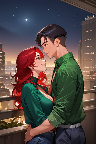 a girl red hair, sexy girl, standing on the balcony of a building with man black hair (black eyes) ,modern city, night,looking at each other,wearing a green top, sexy pose,smiling,
sexy pose, upper_body, fierce, detailed, detailed_face, detailed_eyes, high resolution, bold, Detailedface,jaeggernawt,manhwa,korean Manhwa art style,Indoor,2b-Eimi