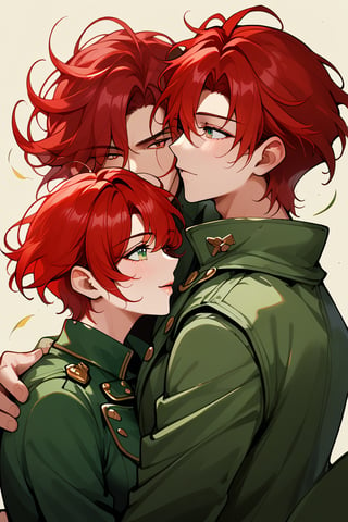 Couple,  1boy,black_hair, short hair, black_eyes, green clothes, black trenchcoat, 1girl (long red hair girl), sexy pose, upper_body, fierce, detailed, detailed_face, detailed_eyes, high resolution, bold, Detailedface,jaeggernawt,manhwa,korean Manhwa art style