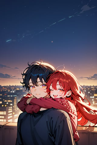 Score_9, Score_8_up, Score_7_up, Score_6_up, Score_5_up, Score_4_up,1girl (red hair), long_hair, hug, night, 1boy (black hair), Man_hugs_girl_from_behind, shirt, hetero, looking_at_viewer, brown_hair, night_sky, couple, sky, long_sleeves, cityscape,jaeggernawt,2b-Eimi