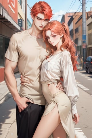 Couple of a corean man with black hair and a Real girl for VROID, light red hair, long hair, white shirt, grey skirt, pocket,edgSDress