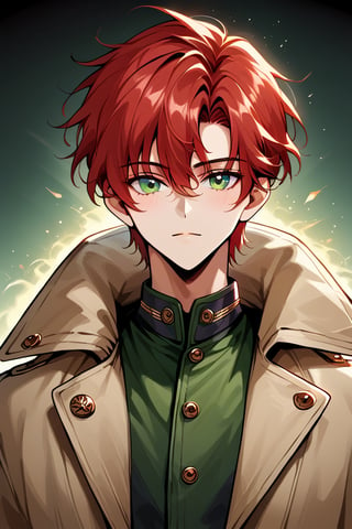 1boy,black_hair, short hair, black_eyes, green clothes, black trenchcoat, prosthetic_eye, 1girl (long red hair girl), sexy pose, couple, upper_body, fierce, detailed, detailed_face, detailed_eyes, high resolution, bold, Detailedface,jaeggernawt,manhwa,korean Manhwa art style