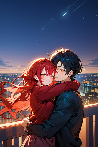 Score_9, Score_8_up, Score_7_up, Score_6_up, Score_5_up, Score_4_up,1girl (red hair), long_hair, hug, night, 1boy (black hair), Man_hugs_girl_from_behind, shirt, hetero, looking_at_viewer, brown_hair, night_sky, couple, sky, long_sleeves, cityscape,jaeggernawt,2b-Eimi