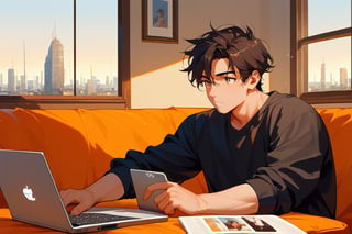 score_9, score_8_up, score_7_up, score_6_up, score_5_up, score_4_up,

1boy (black hair), a very handsome man, sitting in a orange sofa inside of department,brown coffe table in front with many papers and a laptop on thr table, wearing face, looking at the laptop, hetero, black clothes,brown_hair, image far from here, crepusculo_sky(picture window) sun, sky, long_sleeves, perfect hands, cityscape, jaeggernawt,girlnohead