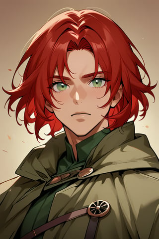 1boy,black_hair, short hair, black_eyes, green clothes, black trenchcoat, prosthetic_eye, 1girl, long red hair girl, sexy pose, couple, upper_body, fierce, detailed, detailed_face, detailed_eyes, high resolution, bold, Detailedface,jaeggernawt,manhwa,mobwoojin